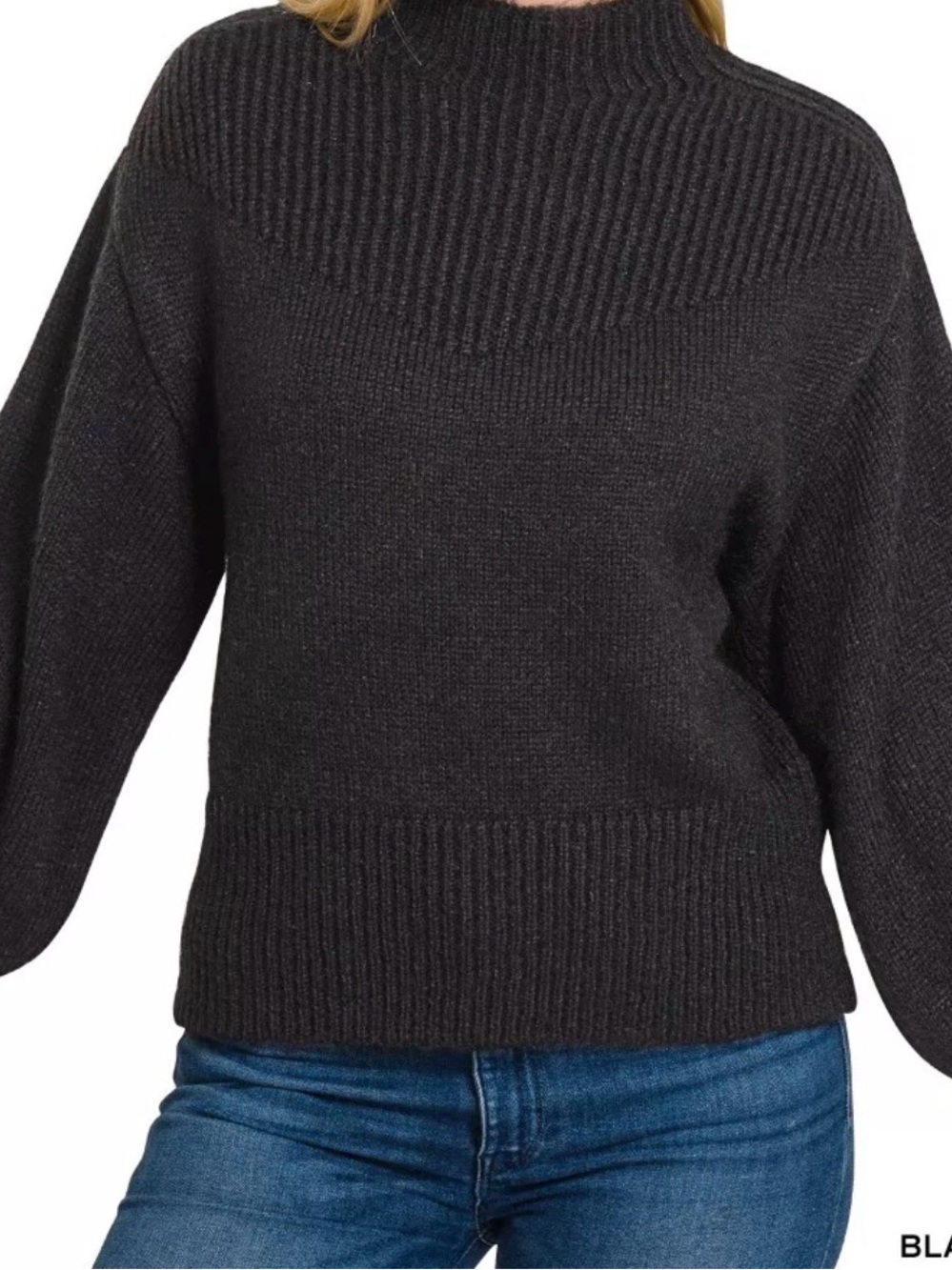 Zenana Balloon Sleeve Mock Neck Sweater - Picture 2 of 3